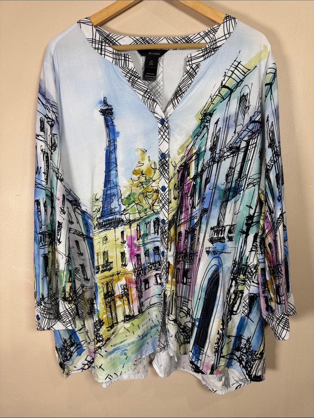 Ali miles Printed Paris Watercolor Cityscape Tunic Multicolor 2X artsy funky